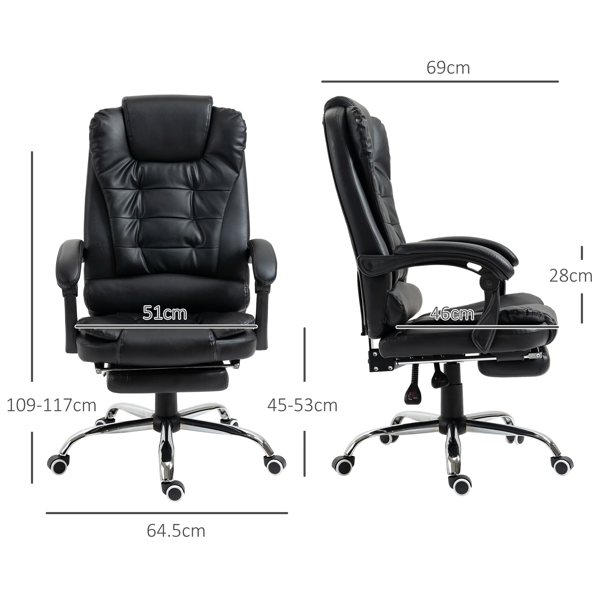 Silla de Oficina Ejecutiva, Sillón de Cuero PU con Respaldo Reclinable y Reposapiés, Negro