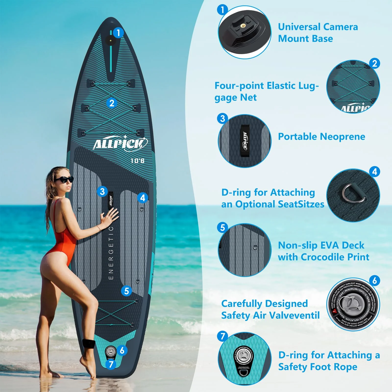 2025 Tabla de Paddle Surf Inflable ALLPICK Premium (Verde Premium) – Set Completo con Soporte Universal para Cámara, Remo Ajustable, para Principiantes y Avanzados, Capacidad 180 kg