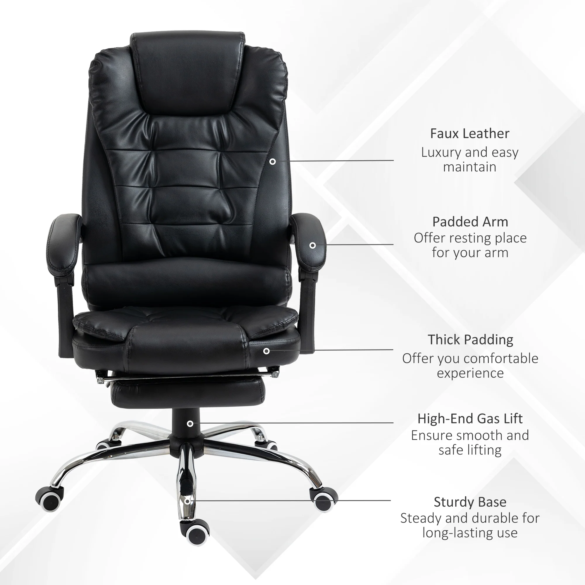 Silla de Oficina Ejecutiva, Sillón de Cuero PU con Respaldo Reclinable y Reposapiés, Negro