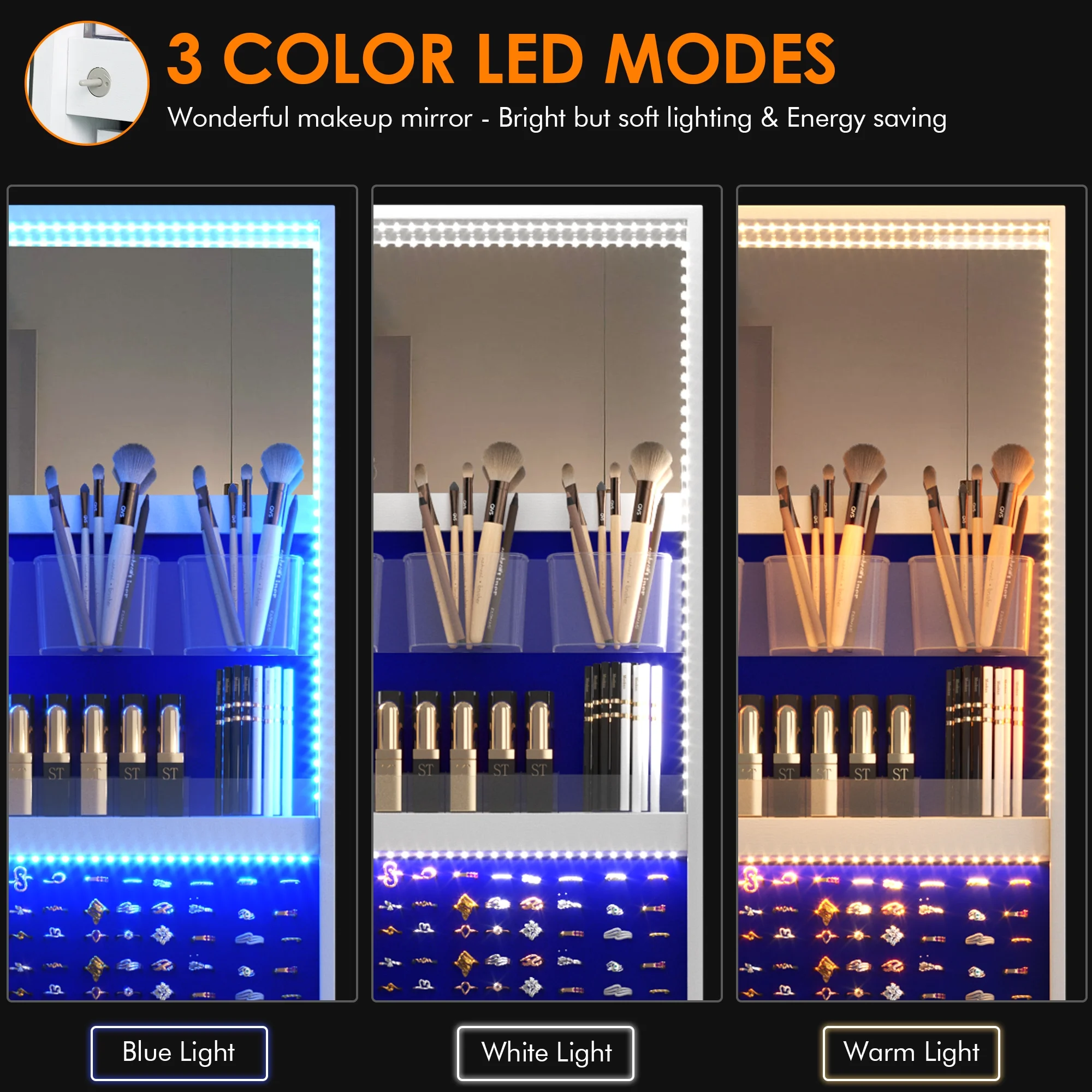 Joyero giratorio LVSOMT con luz LED y espejo de cuerpo entero: almacenamiento elegante de 360°