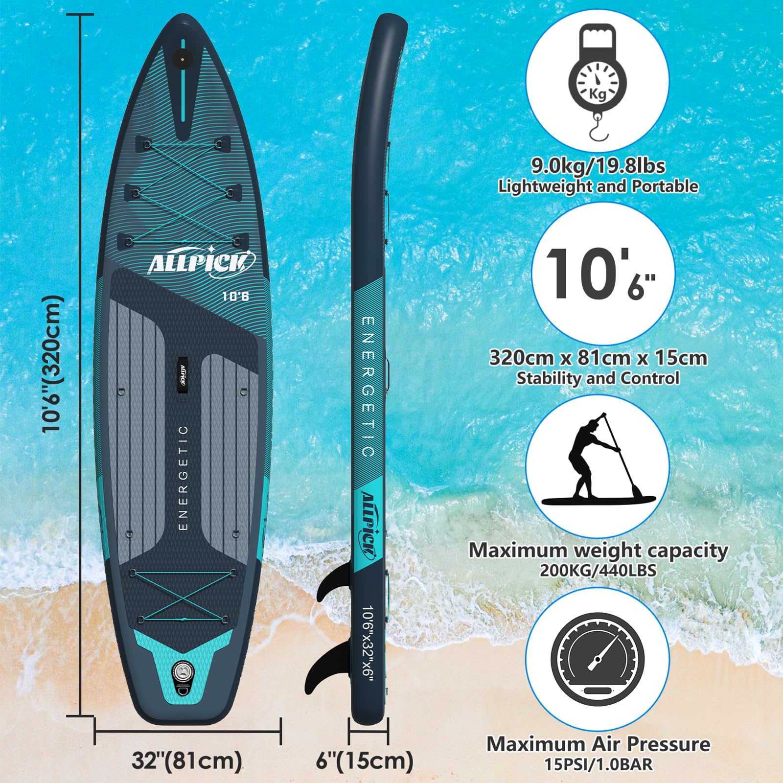 2025 Tabla de Paddle Surf Inflable ALLPICK Premium (Verde Premium) – Set Completo con Soporte Universal para Cámara, Remo Ajustable, para Principiantes y Avanzados, Capacidad 180 kg