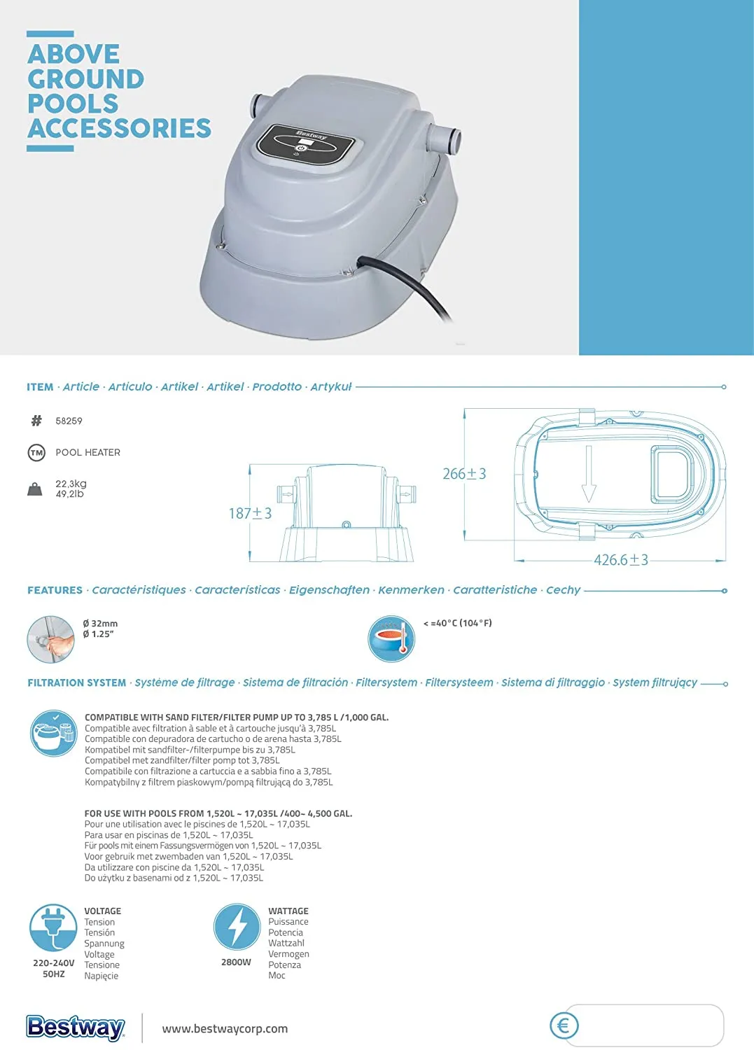 2025 Calentador de piscina Bestway 58259 – Calentador eficiente de agua para piscinas elevadas de hasta 4,57 m de diámetro