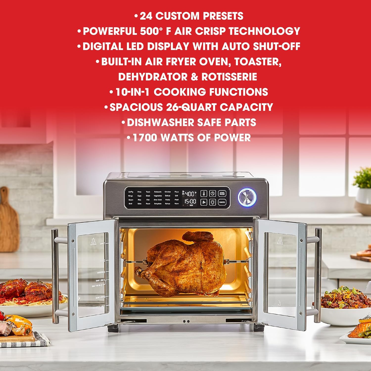 2025 Horno tostador de convección y freidora de aire extra grande de 26 QT Emeril Lagasse con puertas francesas, acero inoxidable