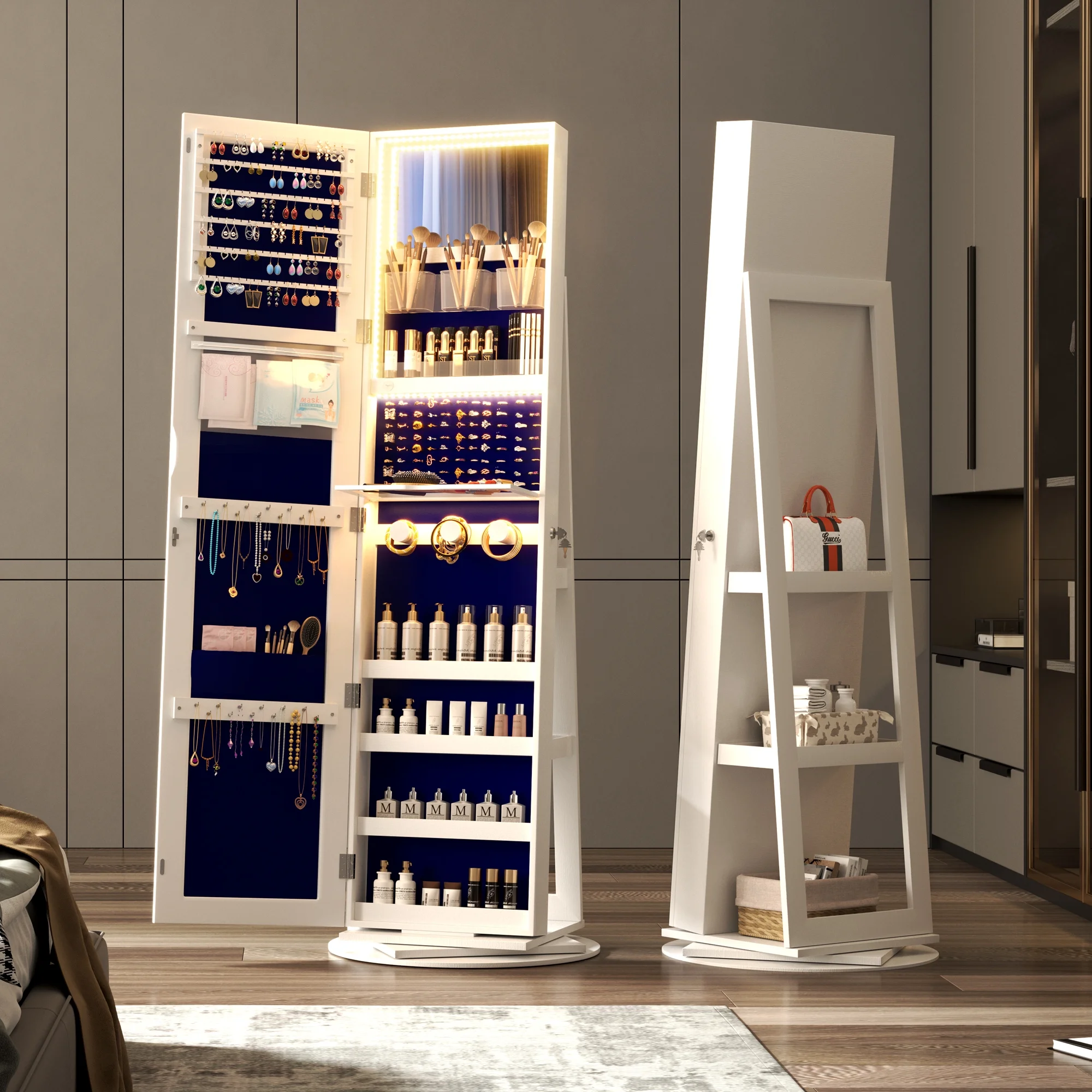 Joyero giratorio LVSOMT con luz LED y espejo de cuerpo entero: almacenamiento elegante de 360°