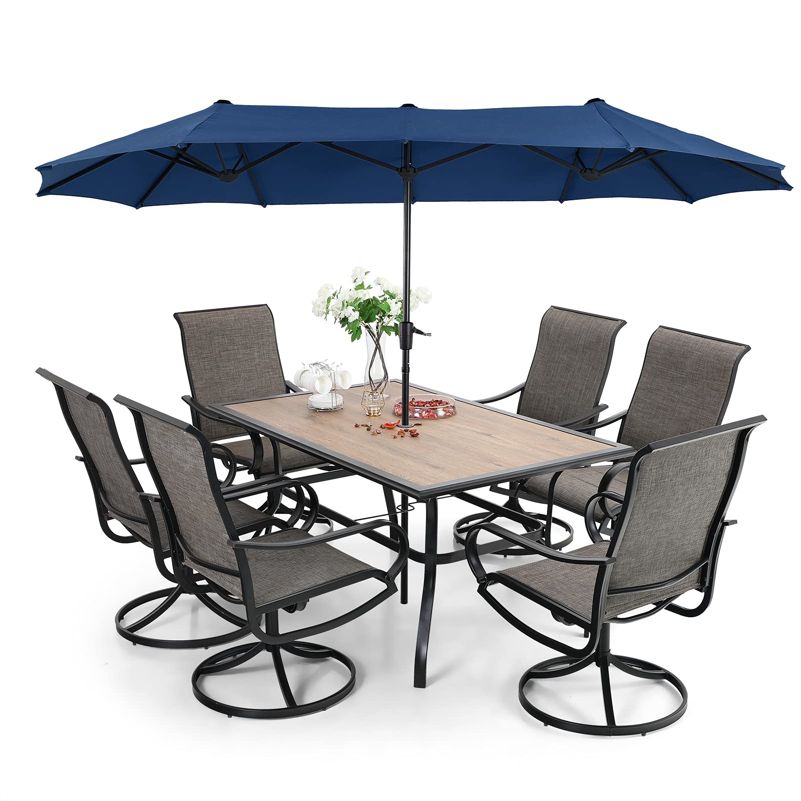 2025 Conjunto de comedor de exterior de 8 piezas con sombrilla y 6 sillas giratorias