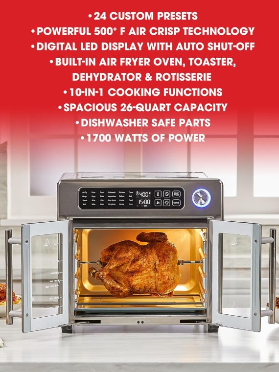 2025 Horno tostador de convección y freidora de aire extra grande de 26 QT Emeril Lagasse con puertas francesas, acero inoxidable