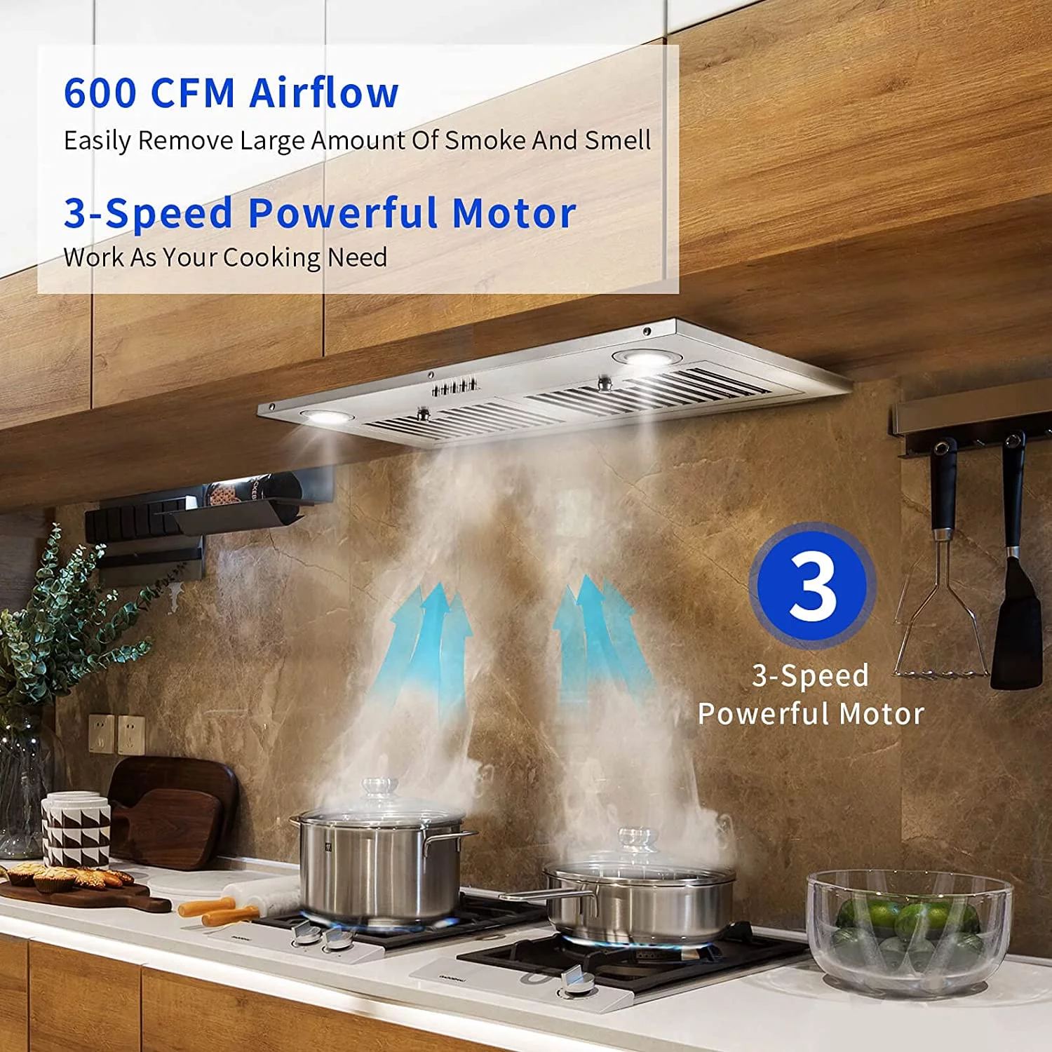 Campana extractora empotrada de 30 pulgadas con potente extractor de aire, 600 CFM