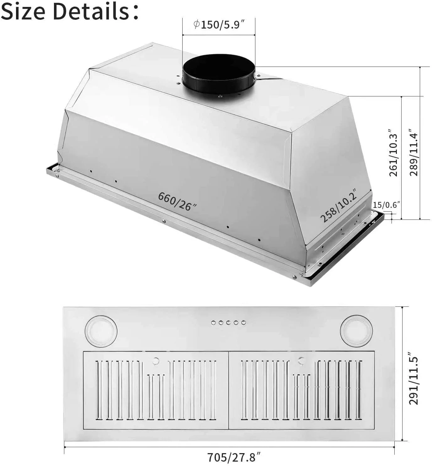 Campana extractora empotrada de 30 pulgadas con potente extractor de aire, 600 CFM