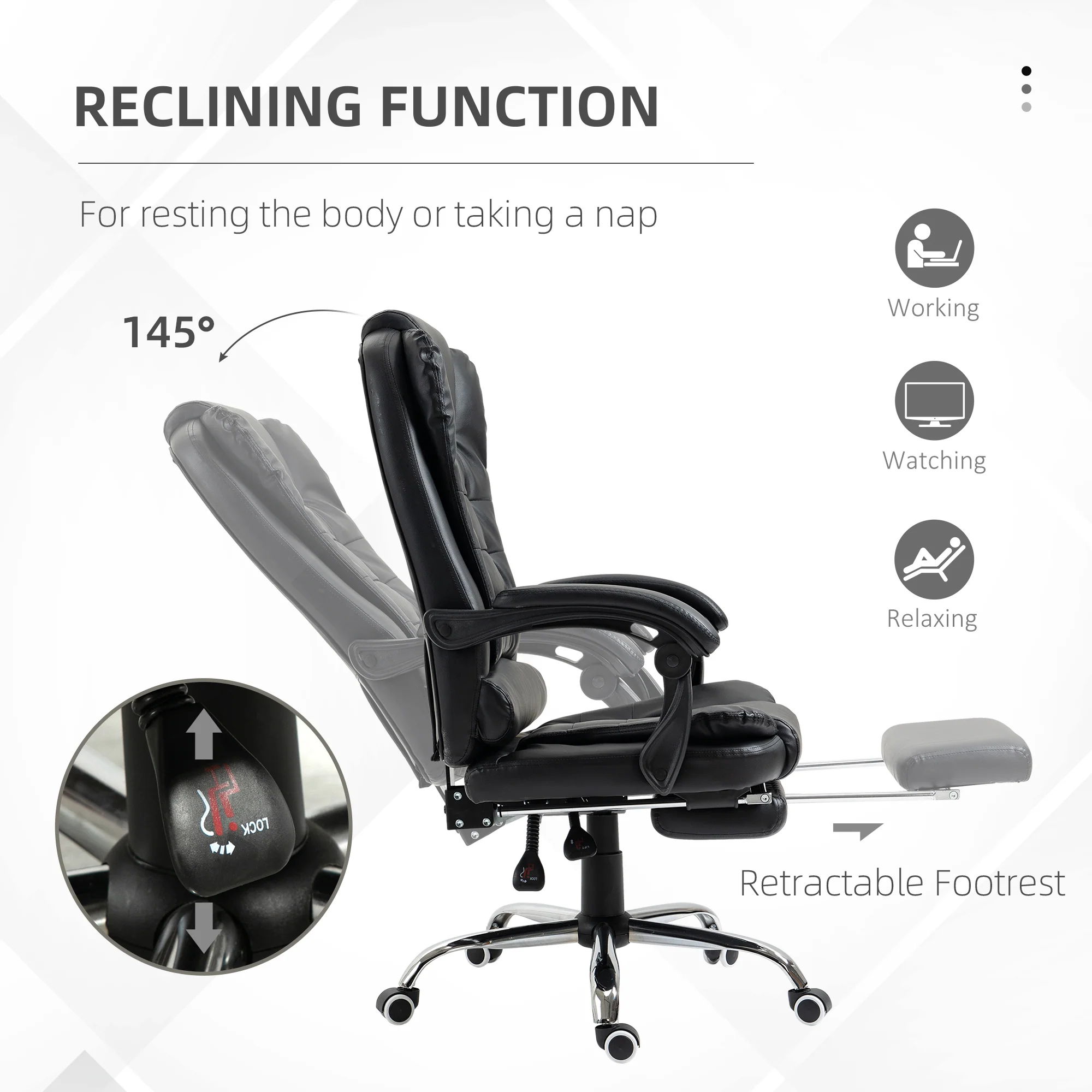 Silla de Oficina Ejecutiva, Sillón de Cuero PU con Respaldo Reclinable y Reposapiés, Negro