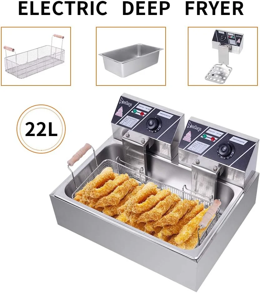 Freidora de 12 litros con cesta filtrante, tamaño extragrande, termostato y temporizador ajustables, ideal para pollo asado, gambas, patatas fritas y mucho más, depósito de aceite extraíble, acero inoxidable.