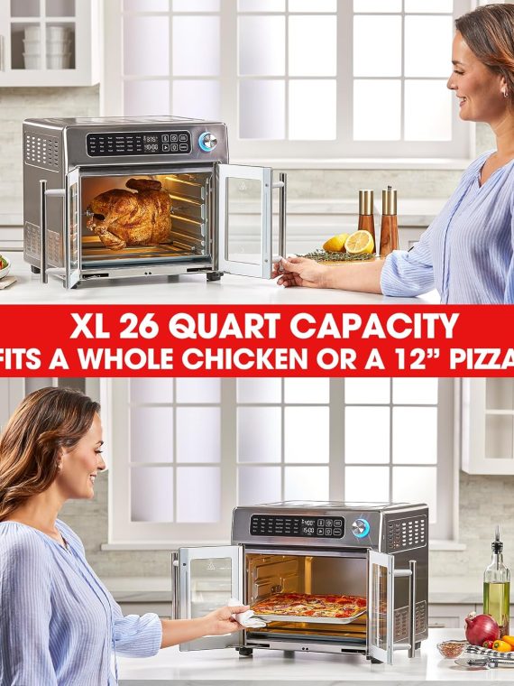 2025 Horno tostador de convección y freidora de aire extra grande de 26 QT Emeril Lagasse con puertas francesas, acero inoxidable