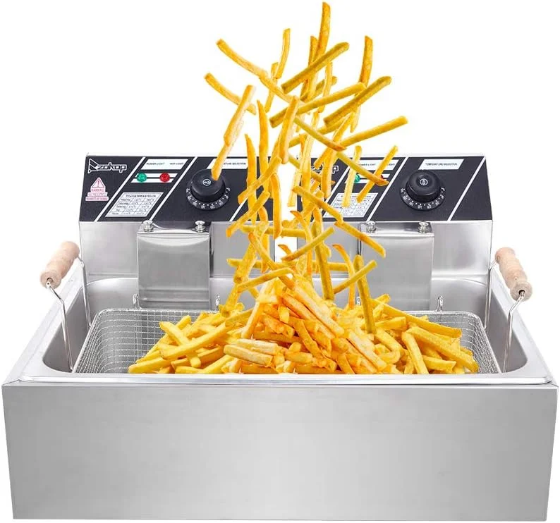 Freidora de 12 litros con cesta filtrante, tamaño extragrande, termostato y temporizador ajustables, ideal para pollo asado, gambas, patatas fritas y mucho más, depósito de aceite extraíble, acero inoxidable.