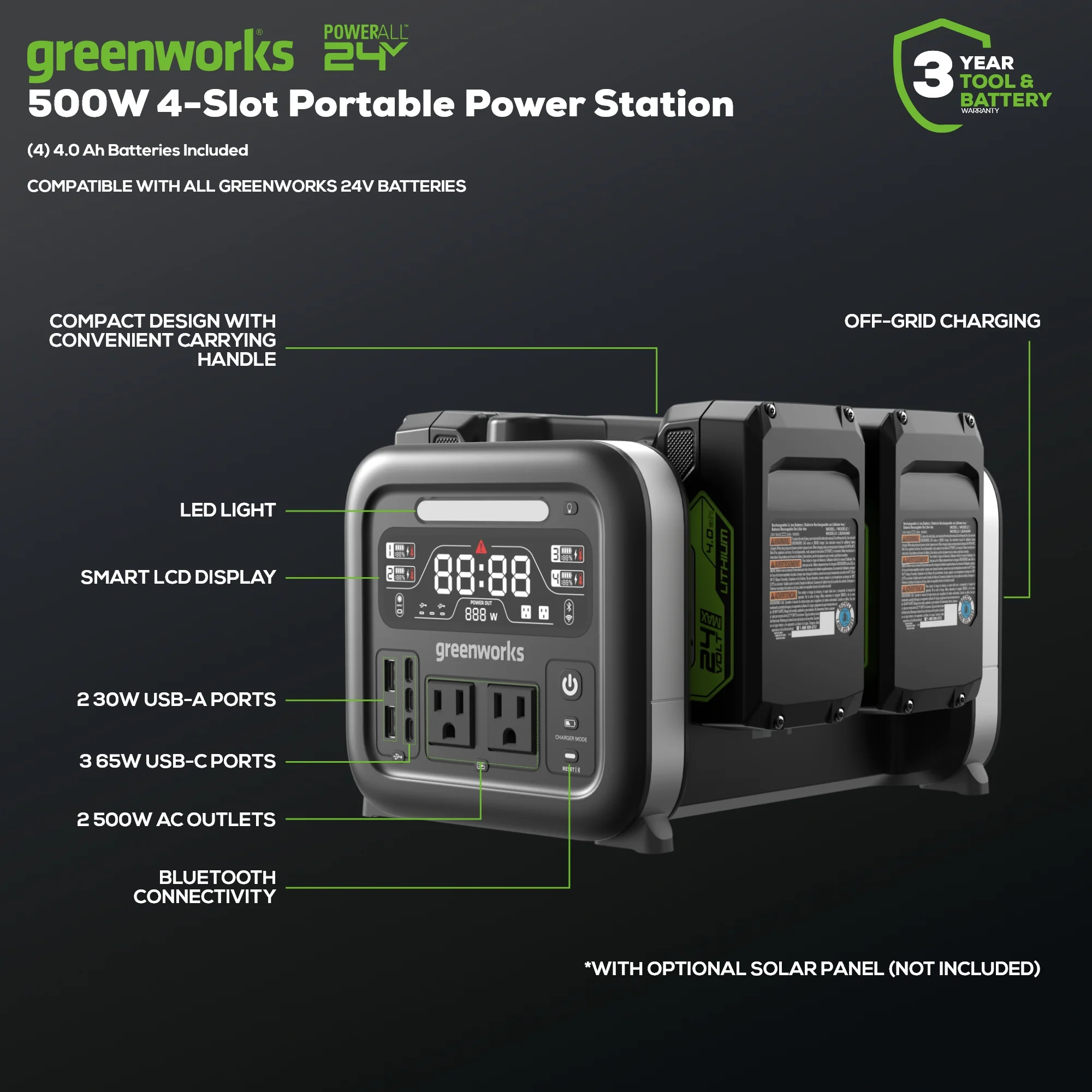 2025 Estación de energía portátil 24V 500W con 4 baterías de 4.0Ah y cargador
