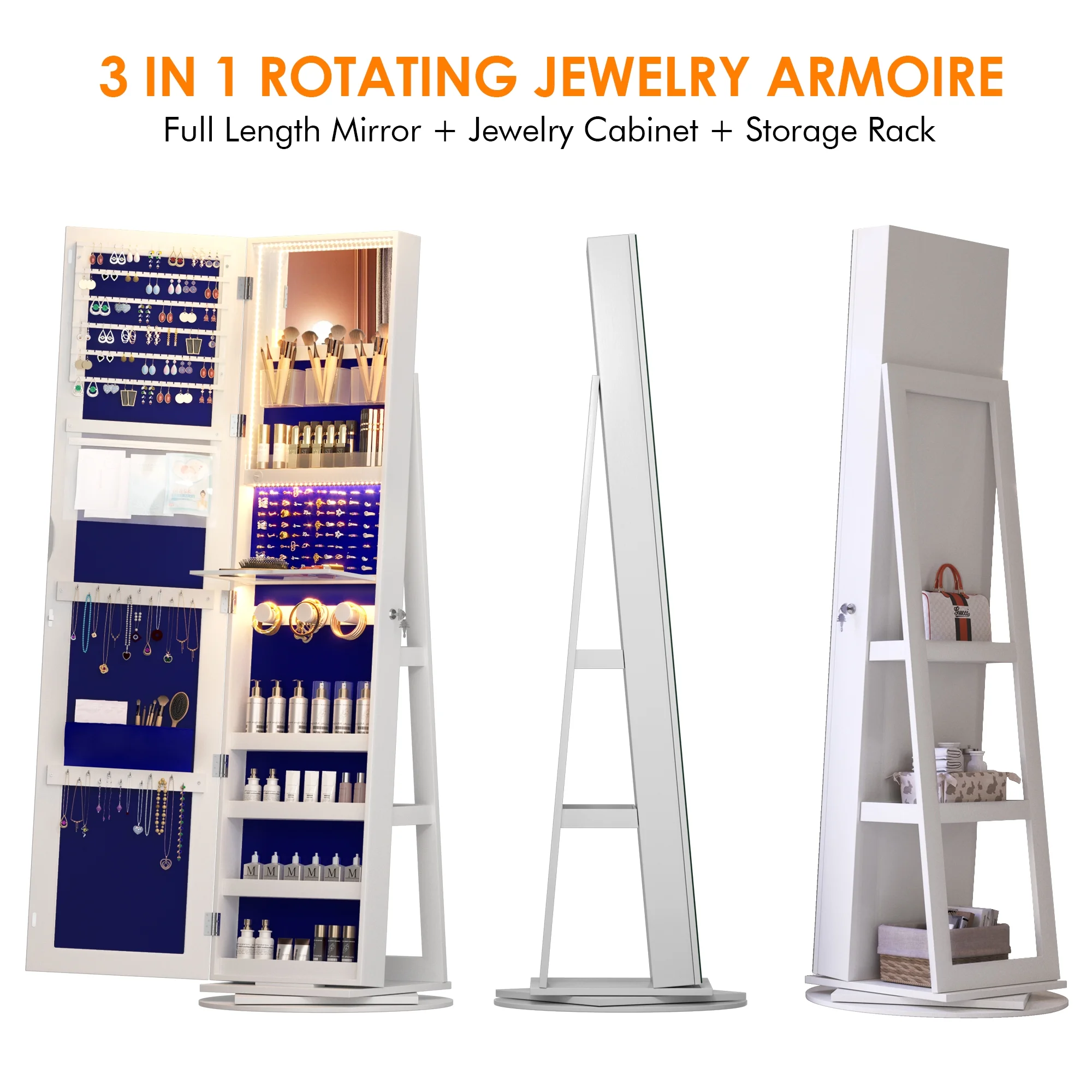 Joyero giratorio LVSOMT con luz LED y espejo de cuerpo entero: almacenamiento elegante de 360°