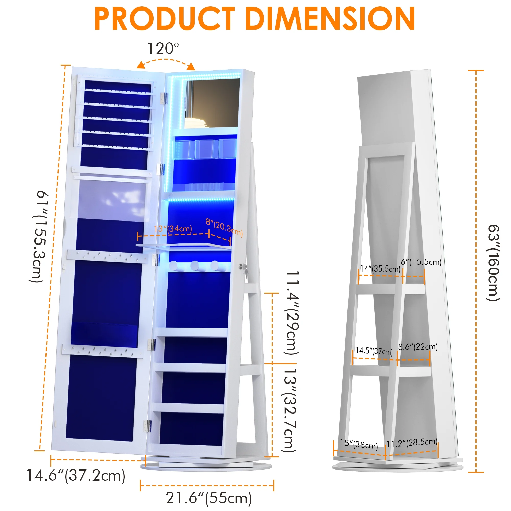Joyero giratorio LVSOMT con luz LED y espejo de cuerpo entero: almacenamiento elegante de 360°