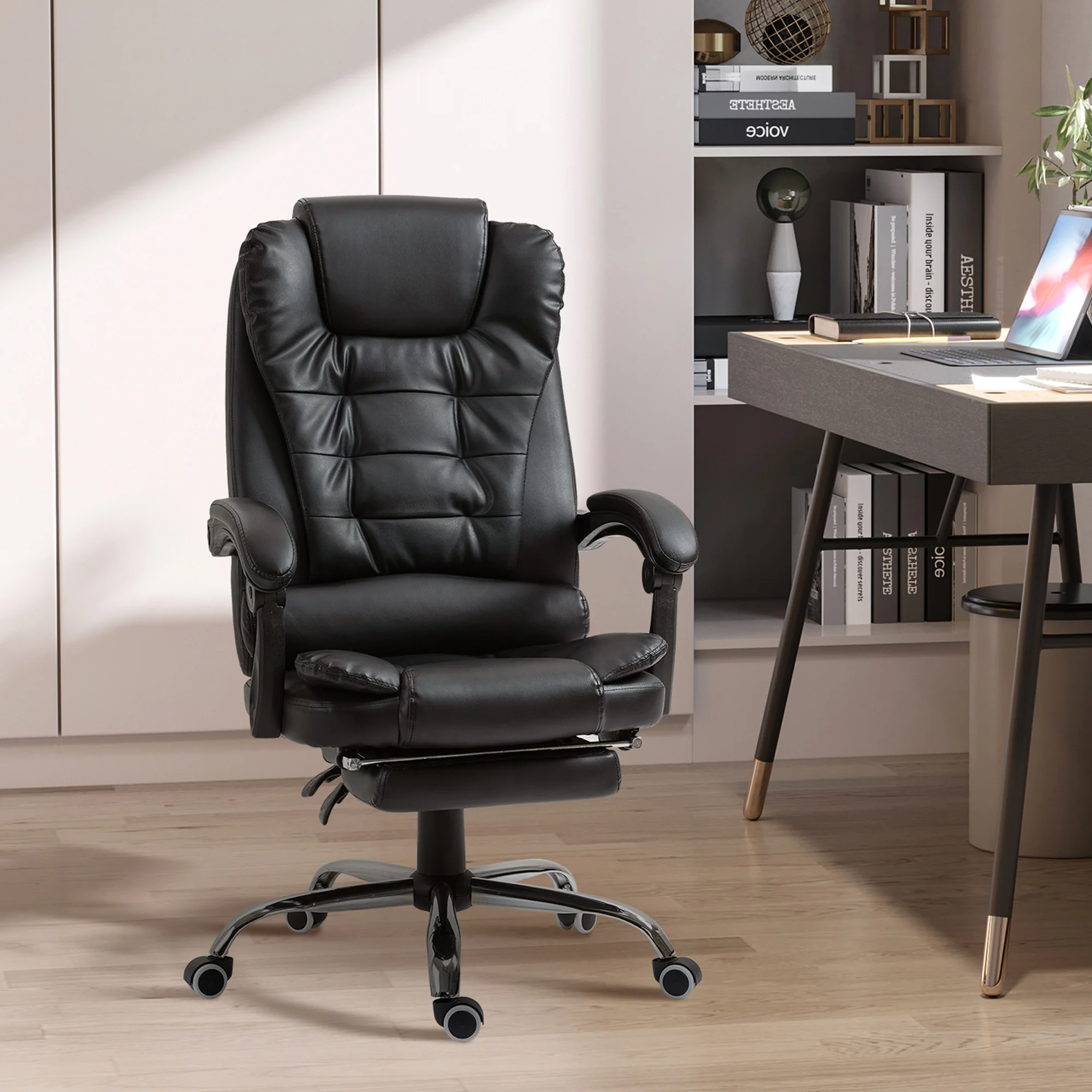 Silla de Oficina Ejecutiva, Sillón de Cuero PU con Respaldo Reclinable y Reposapiés, Negro