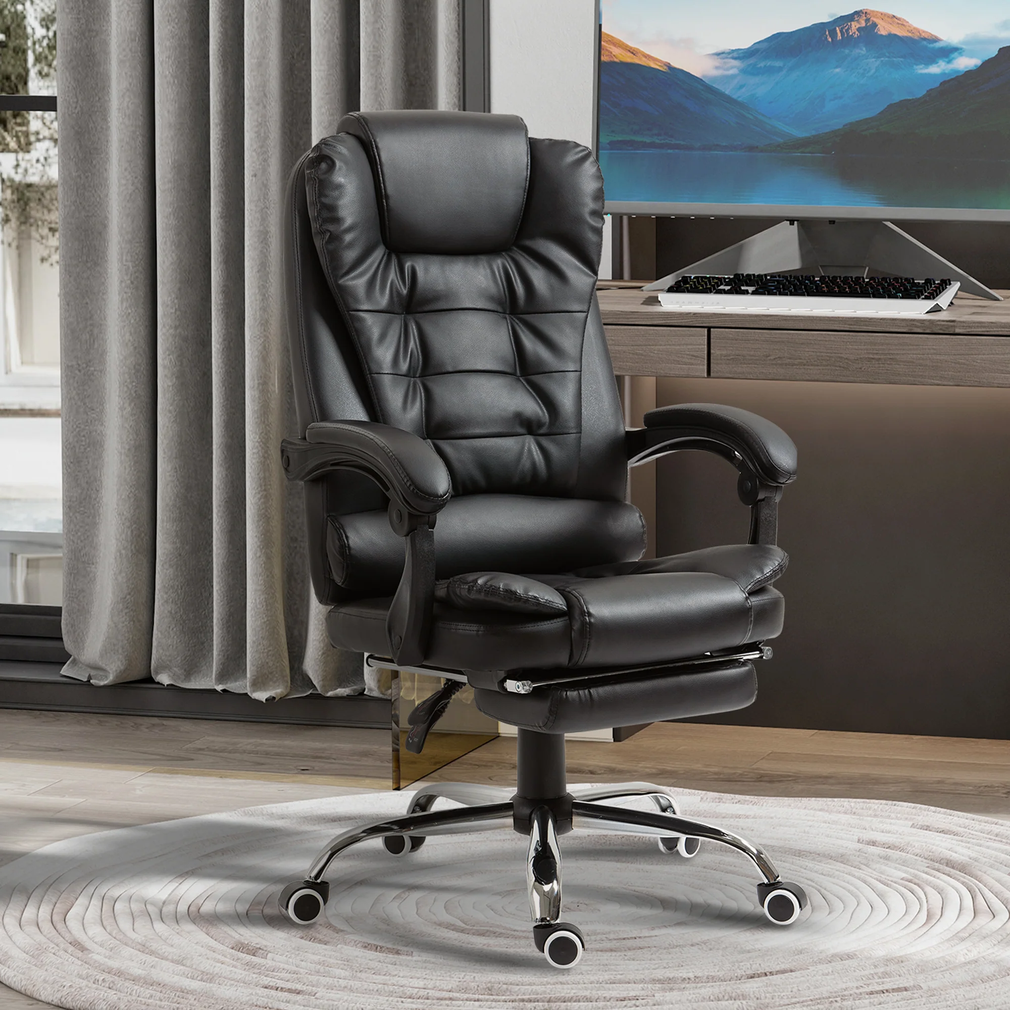 Silla de Oficina Ejecutiva, Sillón de Cuero PU con Respaldo Reclinable y Reposapiés, Negro