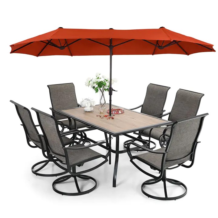 2025 Conjunto de comedor de exterior de 8 piezas con sombrilla y 6 sillas giratorias