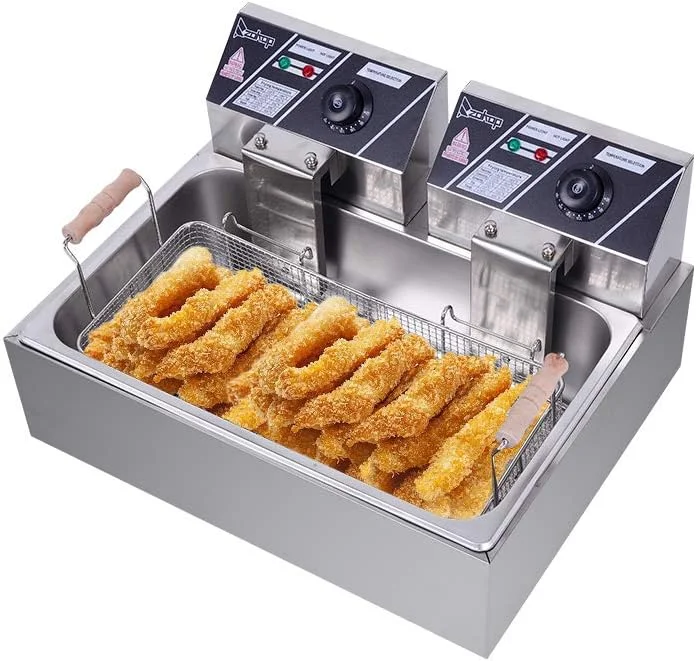 Freidora de 12 litros con cesta filtrante, tamaño extragrande, termostato y temporizador ajustables, ideal para pollo asado, gambas, patatas fritas y mucho más, depósito de aceite extraíble, acero inoxidable.
