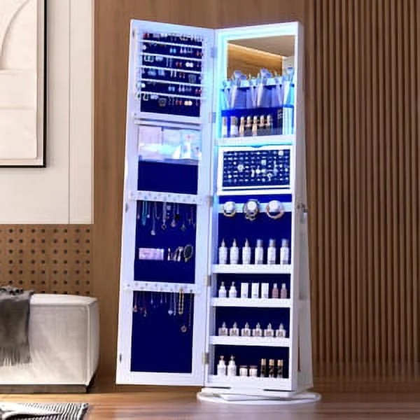 Joyero giratorio LVSOMT con luz LED y espejo de cuerpo entero: almacenamiento elegante de 360°