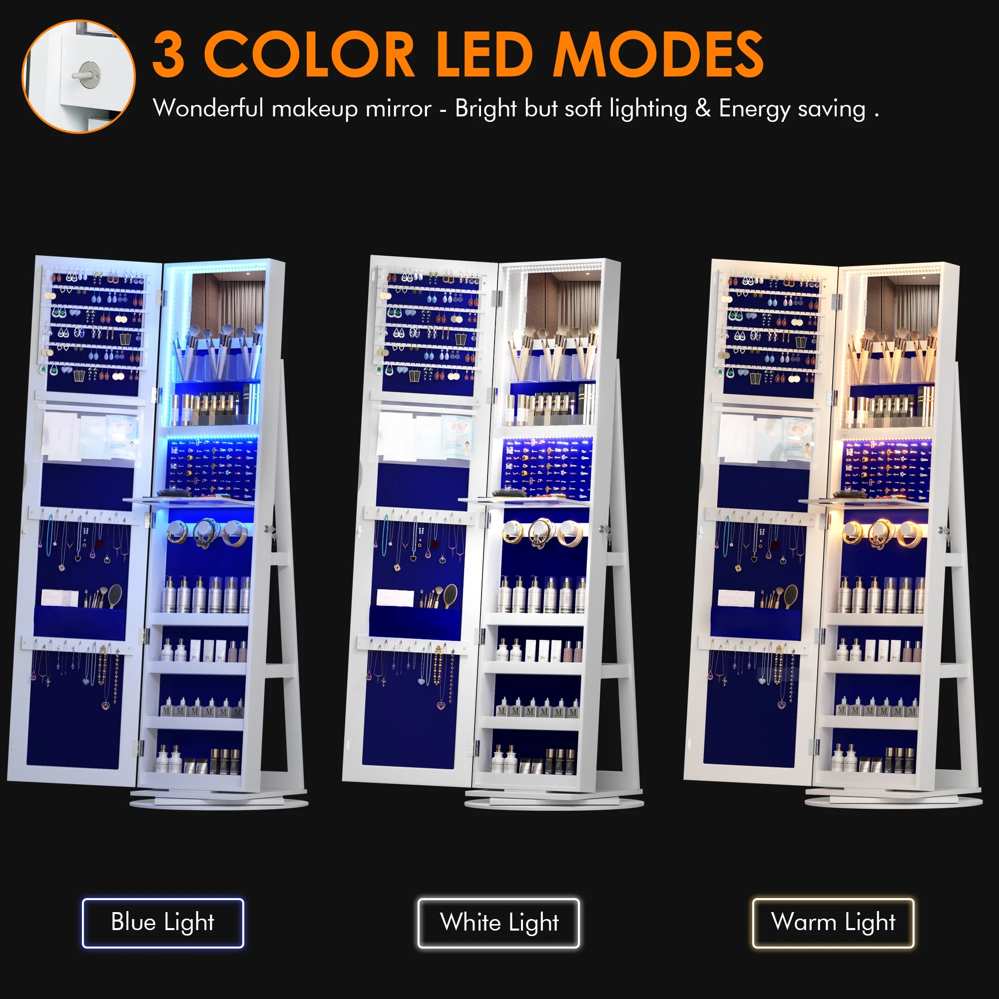 Joyero giratorio LVSOMT con luz LED y espejo de cuerpo entero: almacenamiento elegante de 360°