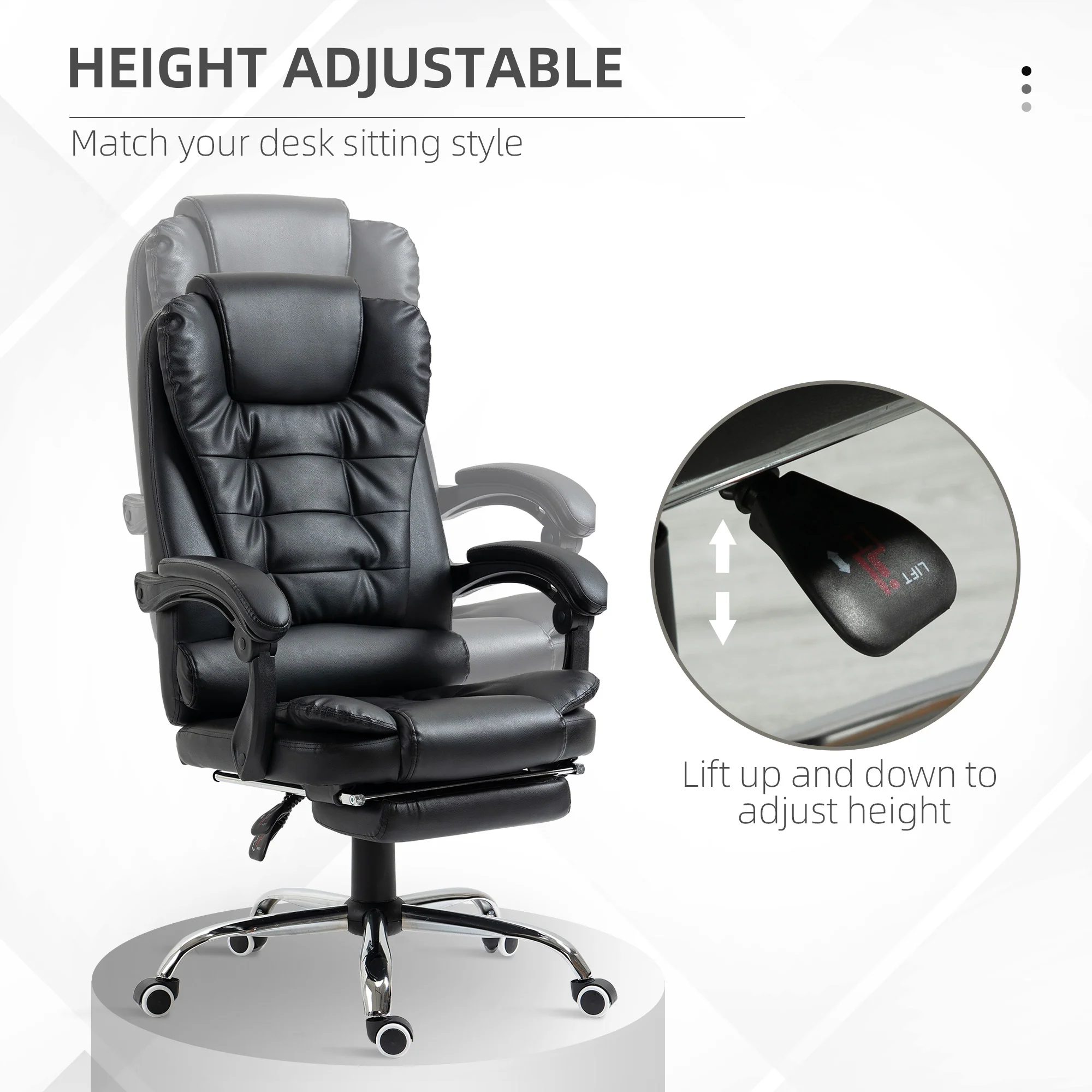 Silla de Oficina Ejecutiva, Sillón de Cuero PU con Respaldo Reclinable y Reposapiés, Negro
