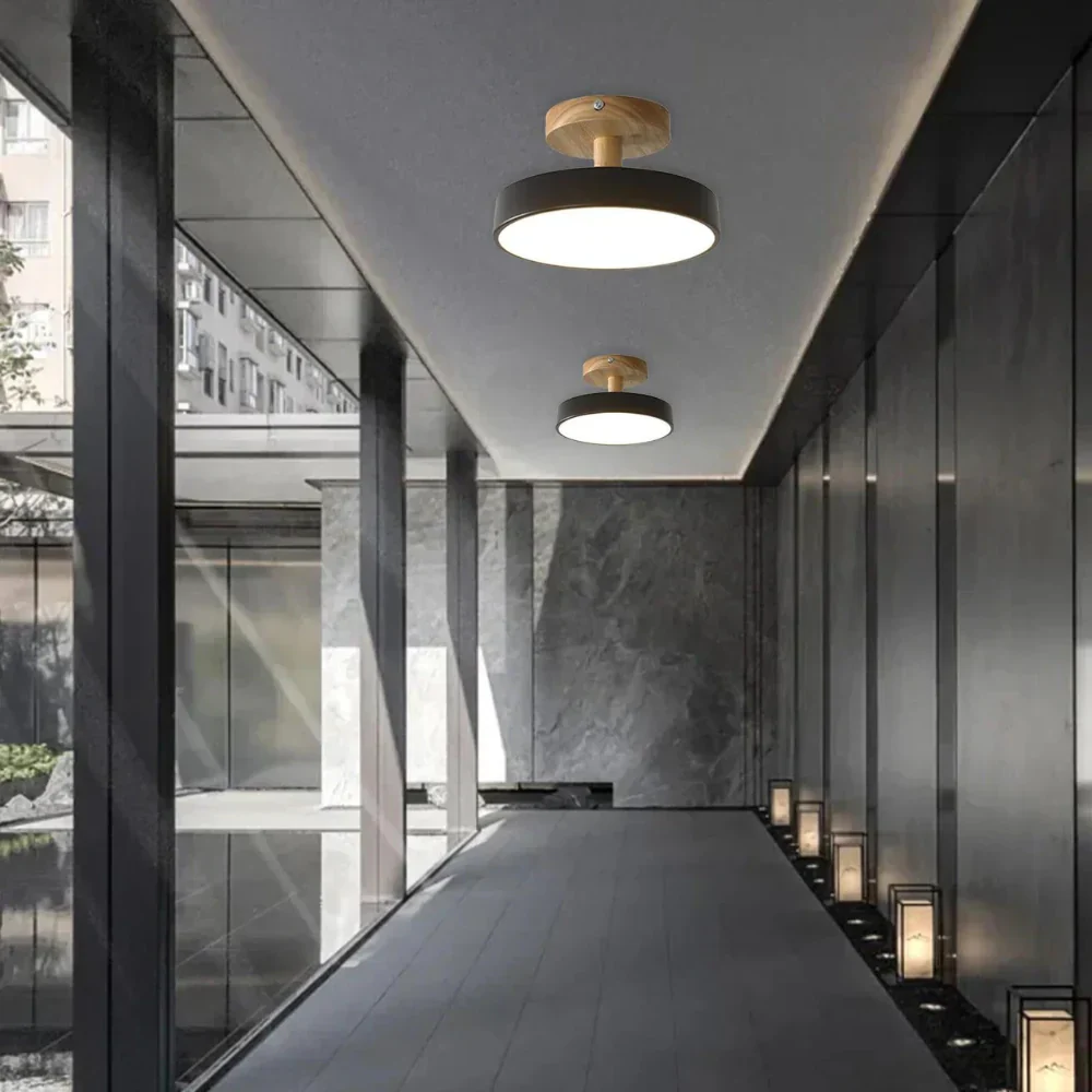 Modern Flush Mount LED Ceiling Light �C Wood & Iron, Minimalist Round Design
