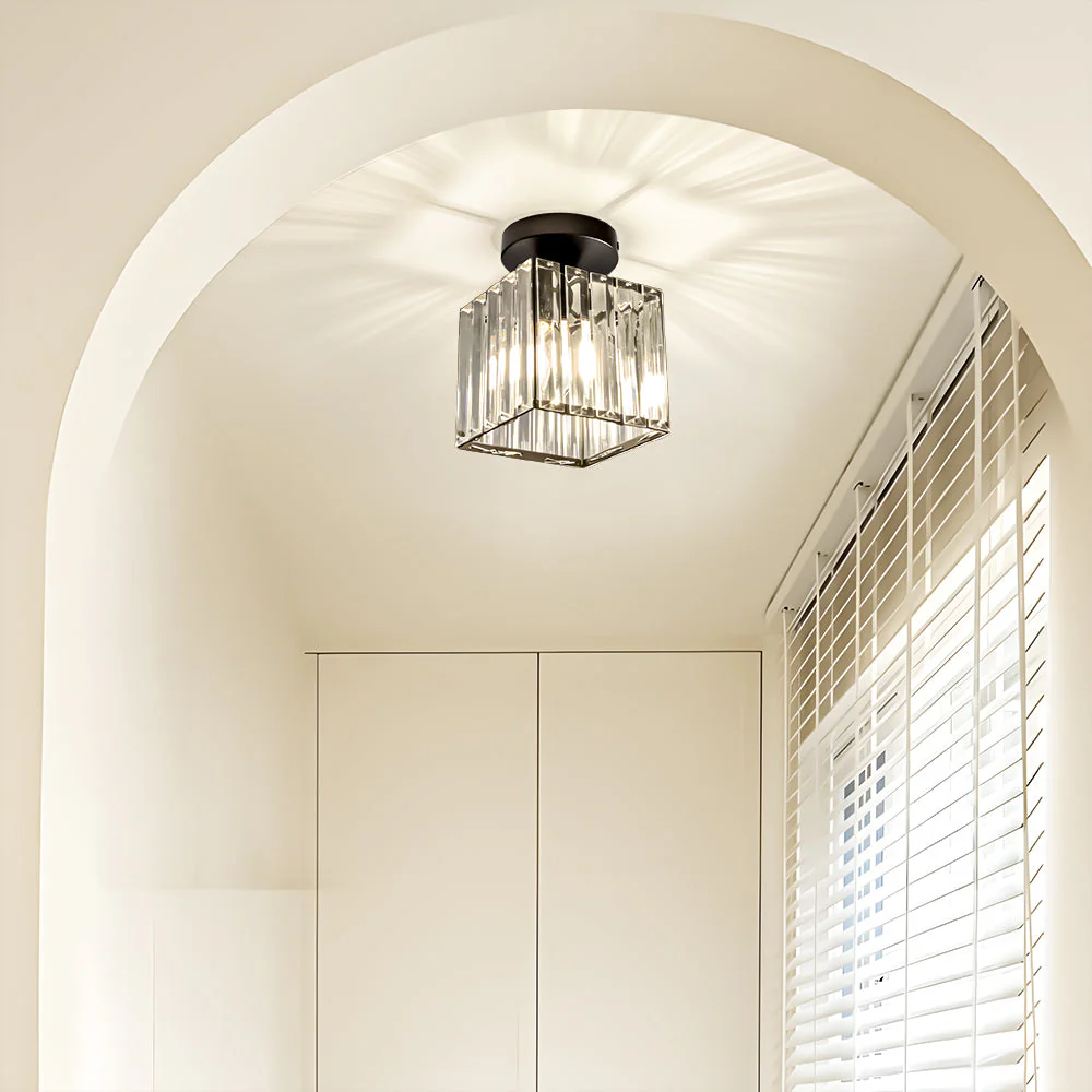 Modern Crystal Flush Ceiling Light with Brass Frame, E27 Fitting, 13cm Compact Design