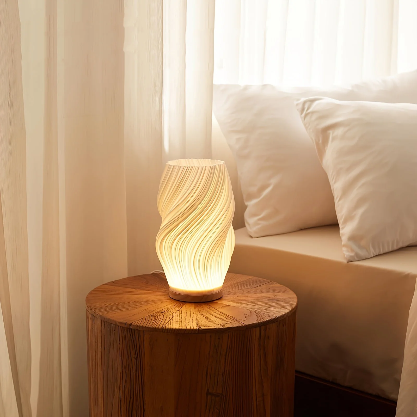 Dimmable Bedside Lamp with Wooden Base and 3D-Printed Shade