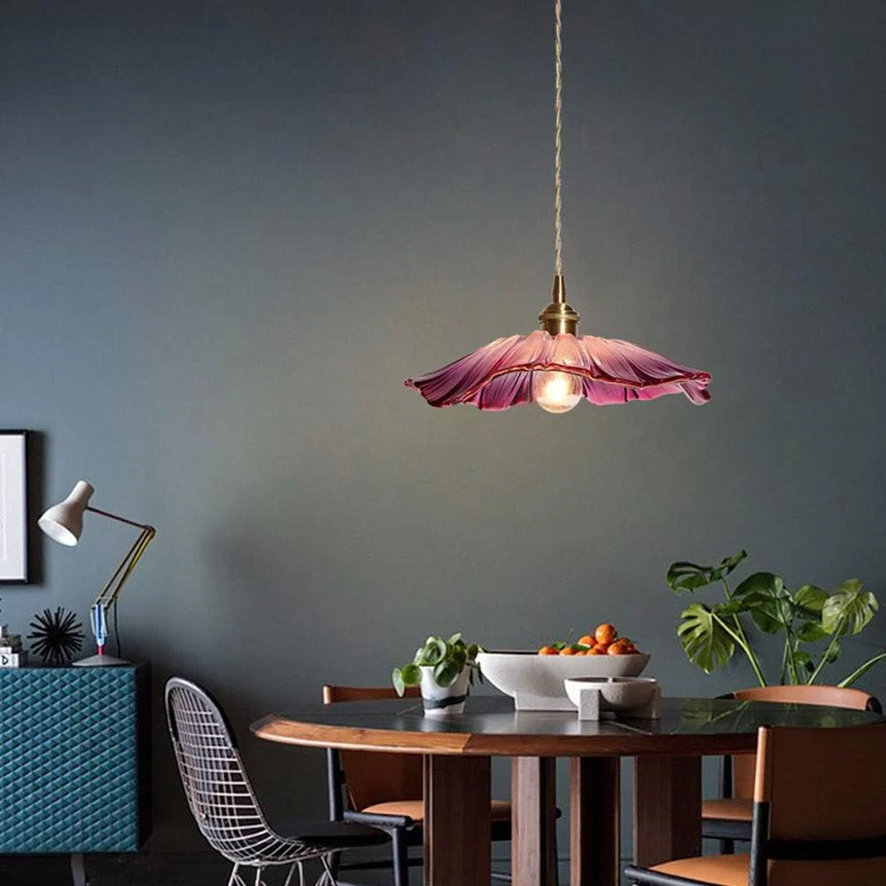 Vintage Glass Flower Pendant Light �C Retro Fluted Shade for Dining Room Ceiling Decor