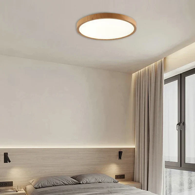 Modern Minimalist Ultrathin Flush Mount Circular Ceiling Light with Walnut Accent