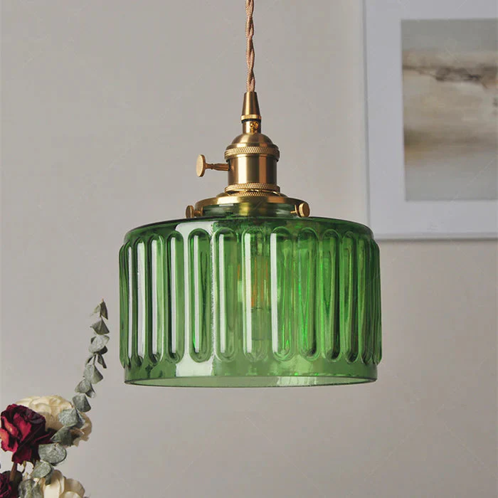 Vintage Ribbed Glass Cylinder Pendant Light �C Retro Industrial Ceiling Fixture