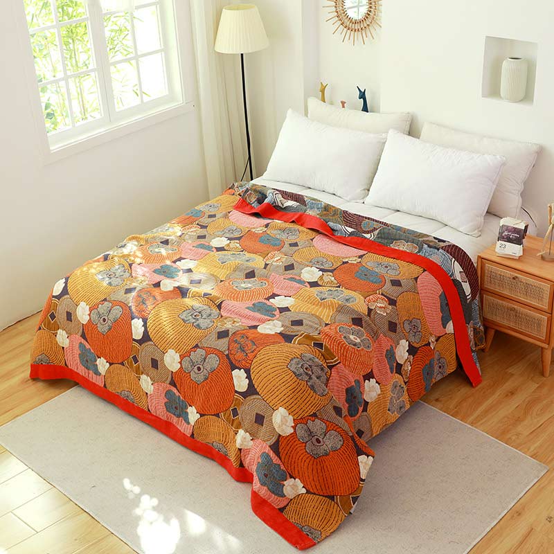 Cotton Gauze Reversible Quilt �?Persimmon Jacquard Design �?100% Organic Cotton �?Soft & Breathable for All Seasons