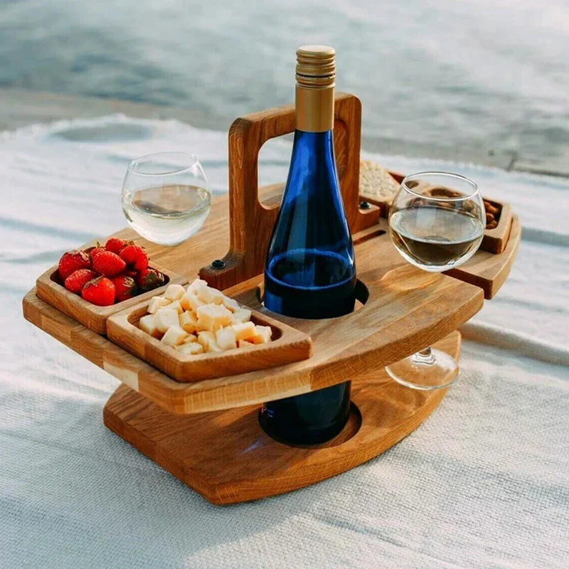 Portable Wine Table | Oak Wood | Integrated Bottle & Glass Holders | Outdoor Picnics