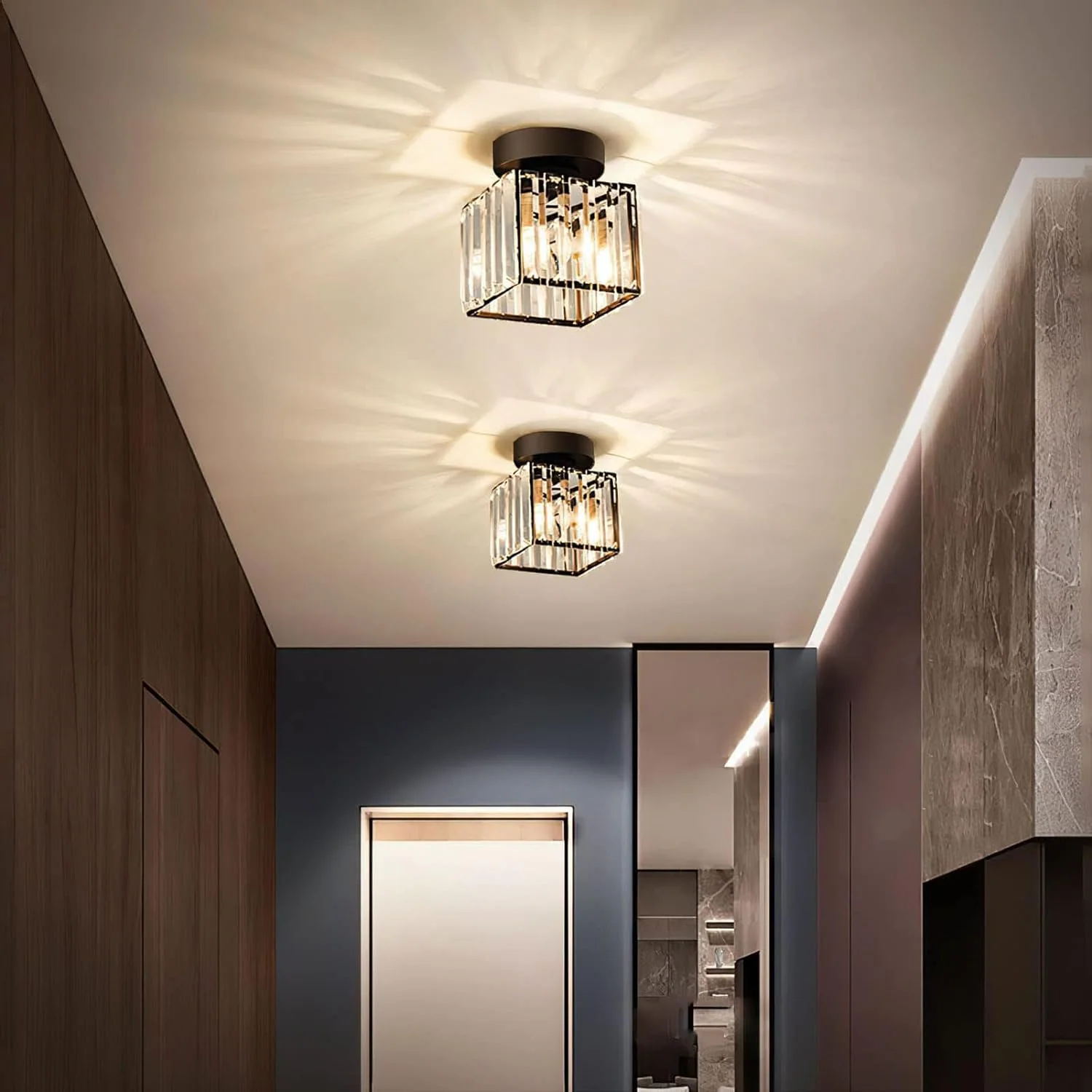 Contemporary Flush Ceiling Light with Crystal Rods & Brass Cage �C E27 Fitting