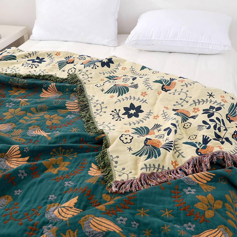 Boho Reversible Bird & Floral Blanket �C 100% Cotton Throw with Tassels �C Multi-Use Home Decor