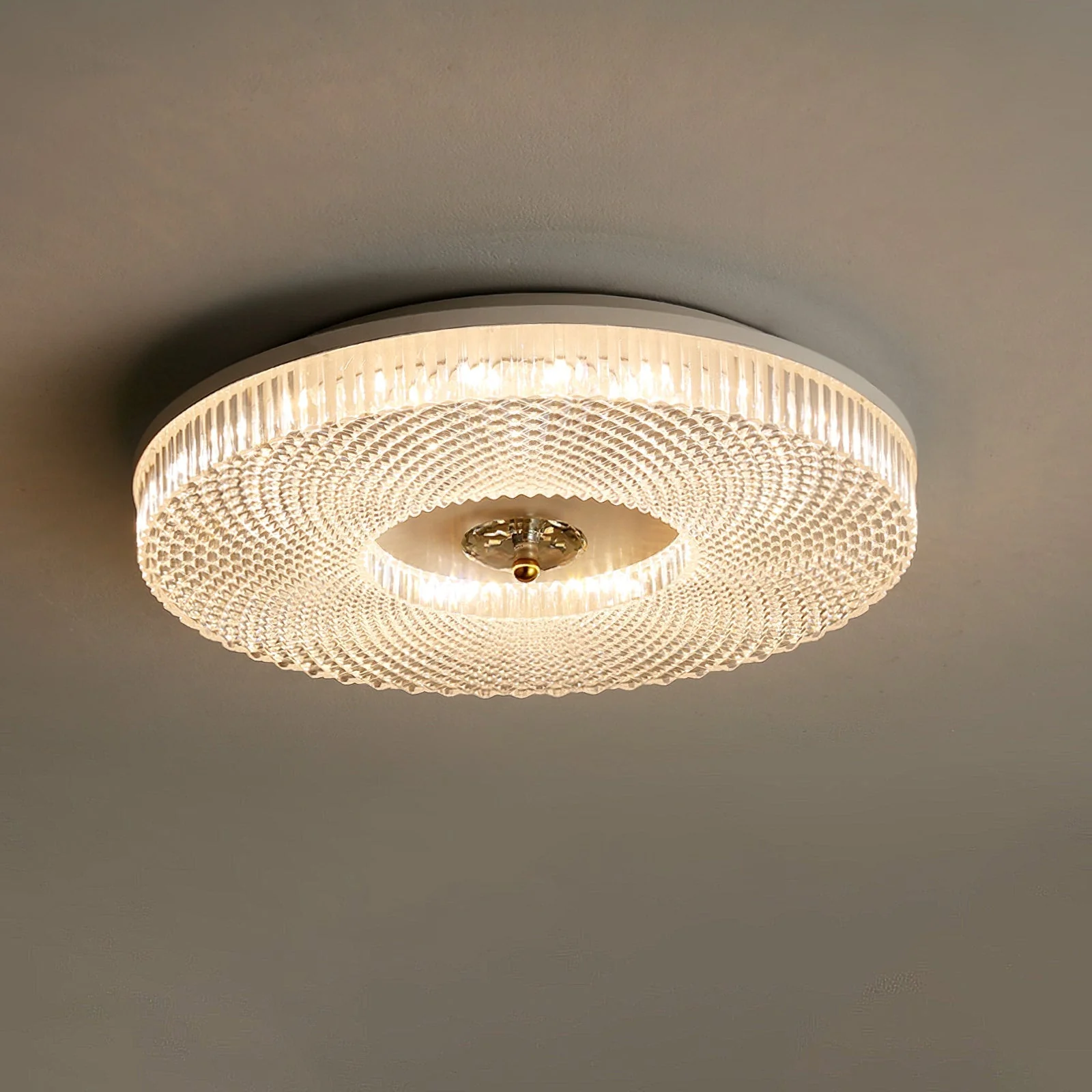 Ceiling Light | Crystal & Metal | Textured Rim Circular Form | Contemporary Living Room