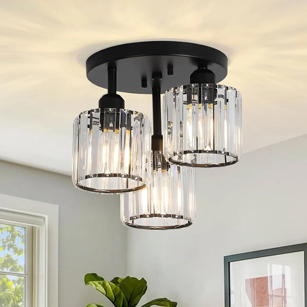 Modern Crystal Semi-Flush Ceiling Light with Ribbed Glass Shades �C 3-Light Fixture