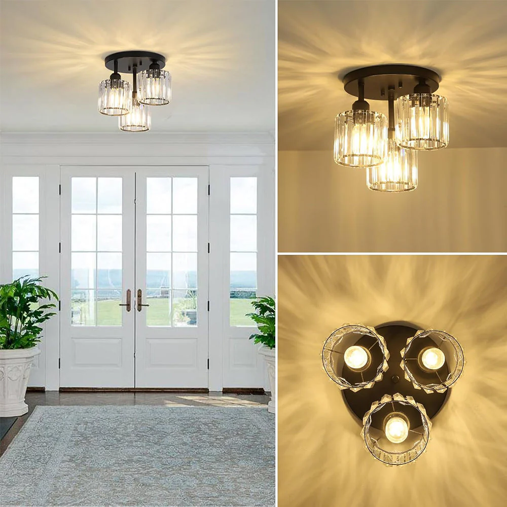 Modern Crystal Semi-Flush Ceiling Light with Ribbed Glass Shades �C 3-Light Fixture