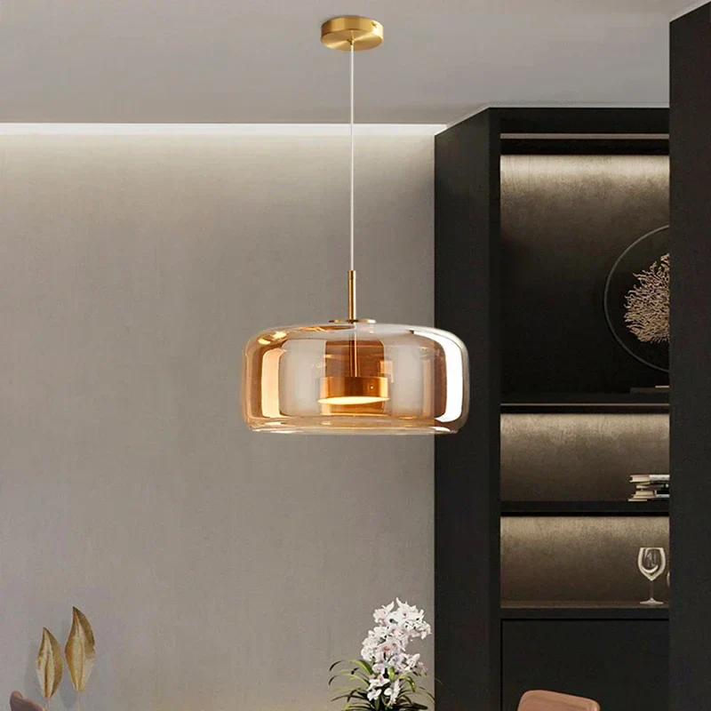 Pendant Light | Amber Glass & Brushed Metal | Warm Ambient Lighting | Living Room Focal Point