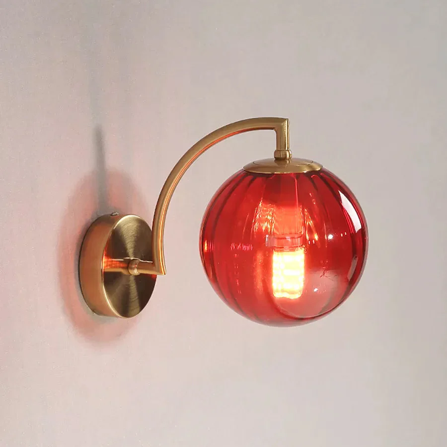Modern Ribbed Glass Globe Wall Light �C Curved Arm LED Sconce for Elegant Interiors