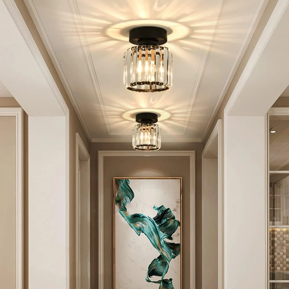 Contemporary Flush Ceiling Light with Crystal Rods & Brass Cage �C E27 Fitting
