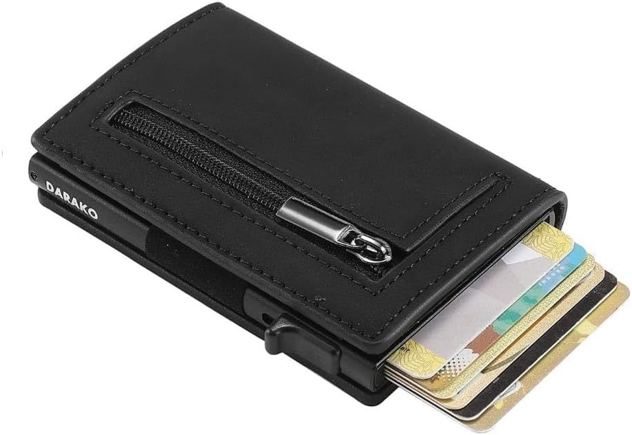 RFID Blocking Slim Leather Wallet with Card Ejection and Zipper Pocket