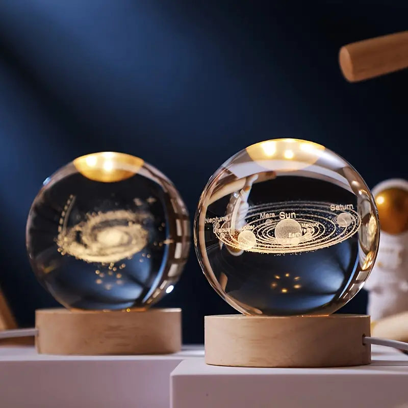 Crystal Ball Lamp | Clear Crystal & Light Wood | Engraved Solar System | Living Room Accent