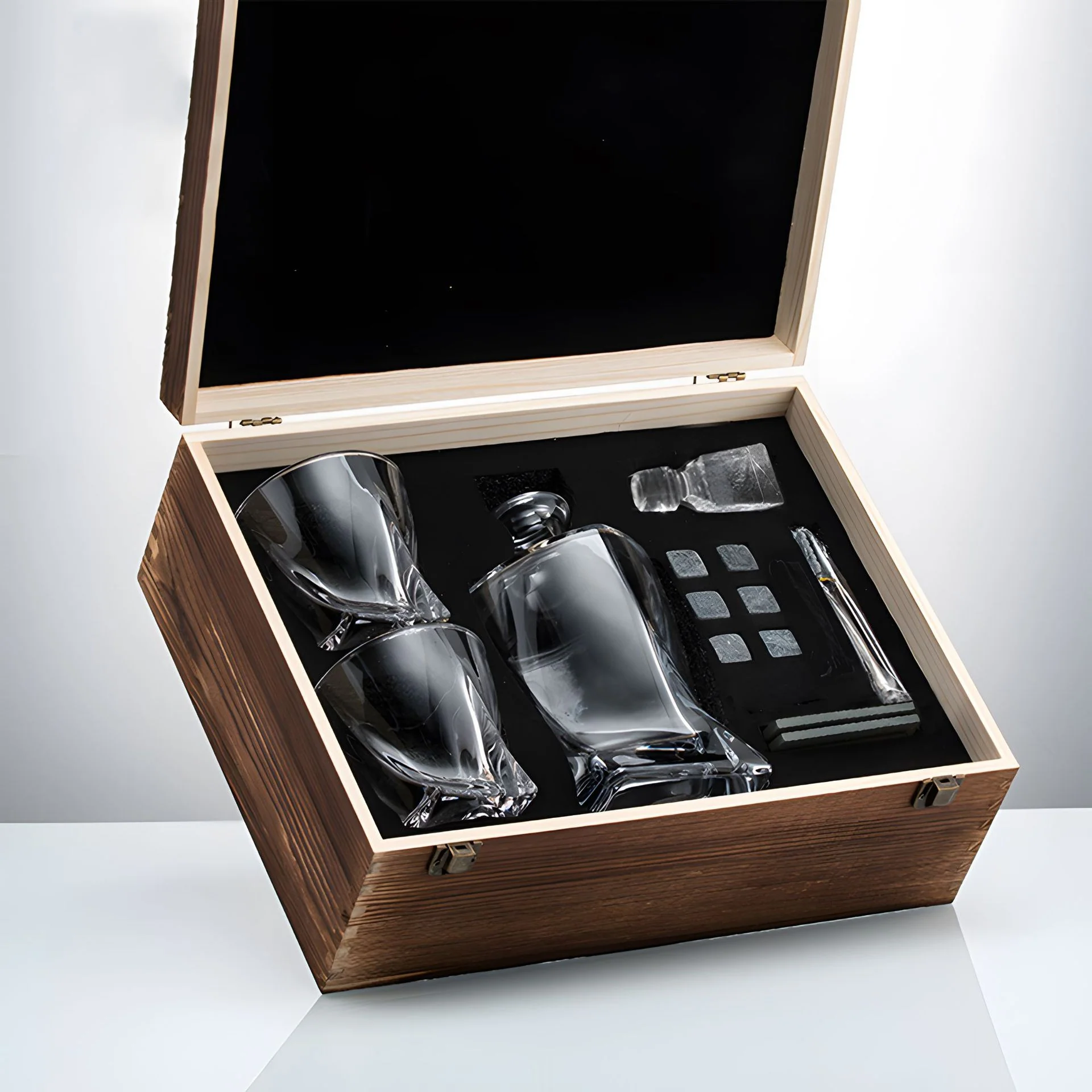 Whiskey Decanter Set | Crystal & Wood | Intricate Pattern & Storage Box | Home Bar