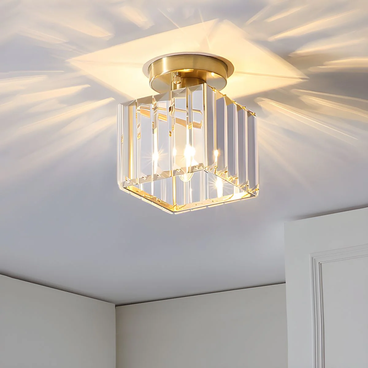 Contemporary Flush Ceiling Light with Crystal Rods & Brass Cage �C E27 Fitting