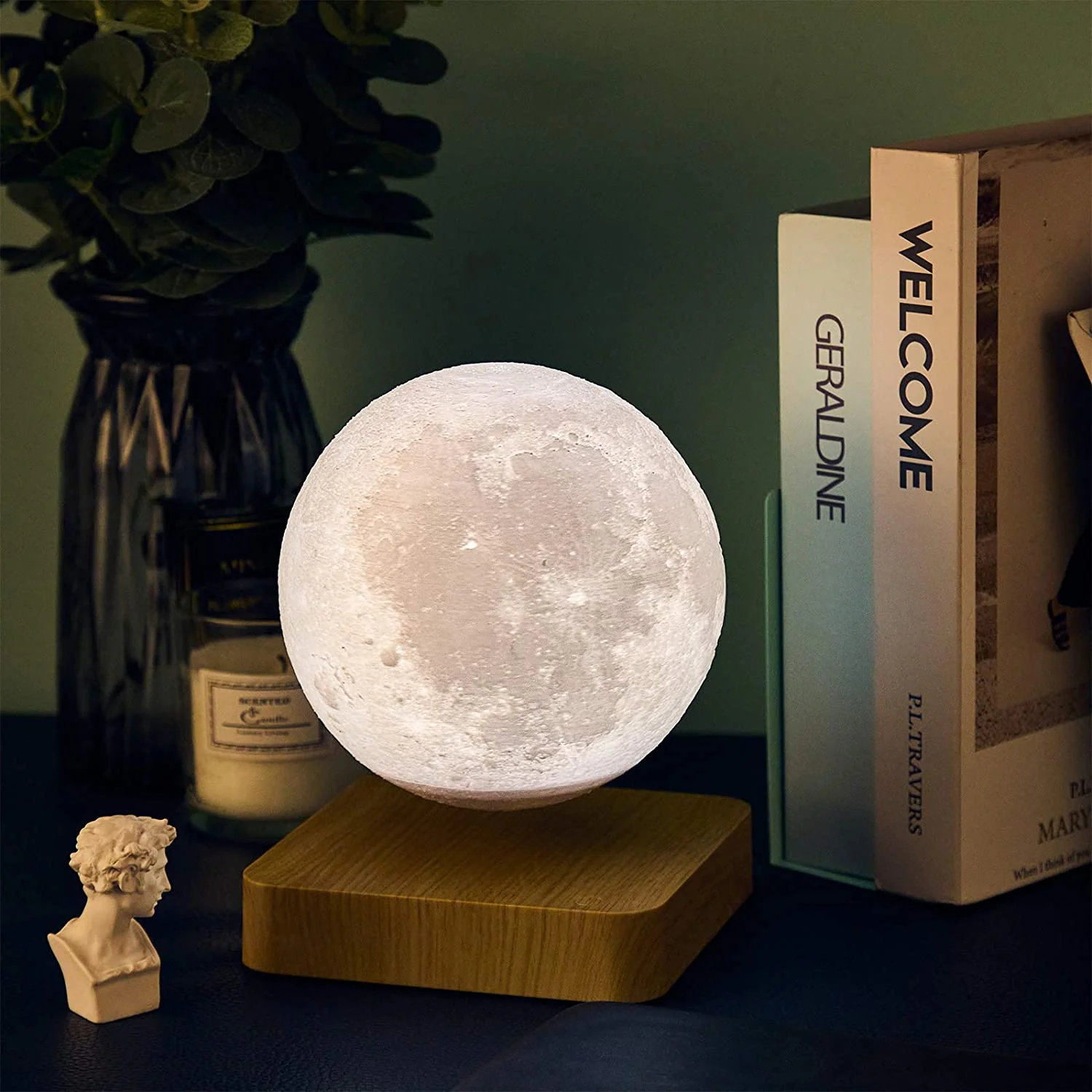 Table Lamp | 3D Printed Plastic & Natural Wood | Levitating Moon Surface | Living Room Accent