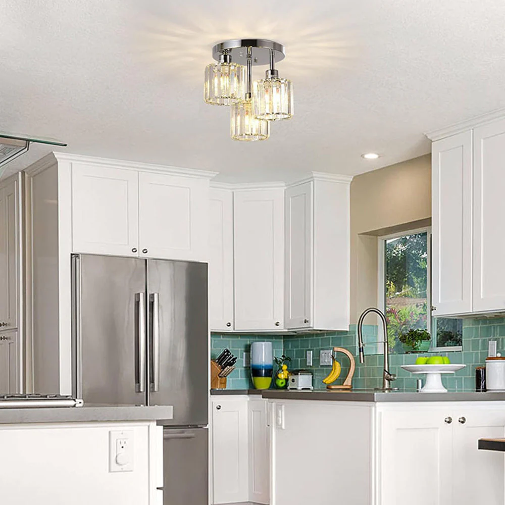 Modern Crystal Semi-Flush Ceiling Light with Ribbed Glass Shades �C 3-Light Fixture