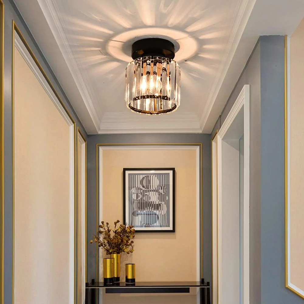 Contemporary Flush Ceiling Light with Crystal Rods & Brass Cage �C E27 Fitting