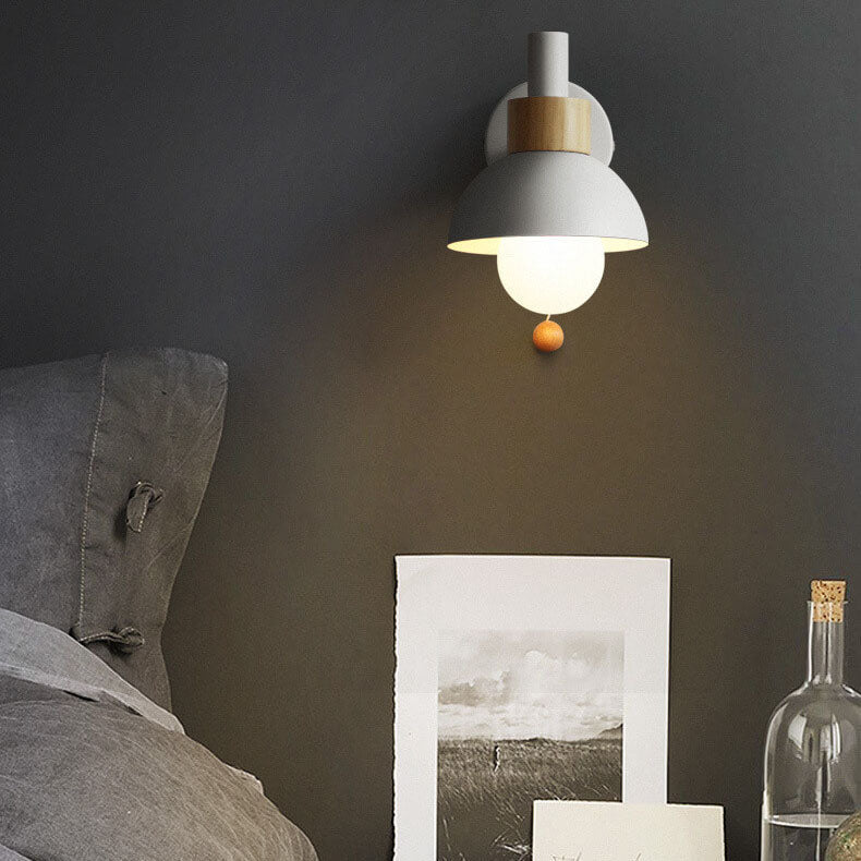 Modern Nordic Wall Sconce Light �C Iron & Glass Globe with Wooden Pull Cord, E26 Fitting